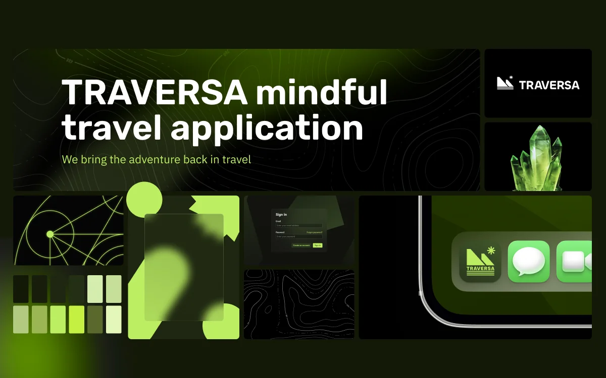 Traversa brand tile: wordmark, green colour scale, contour-map motifs and app screens from the identity